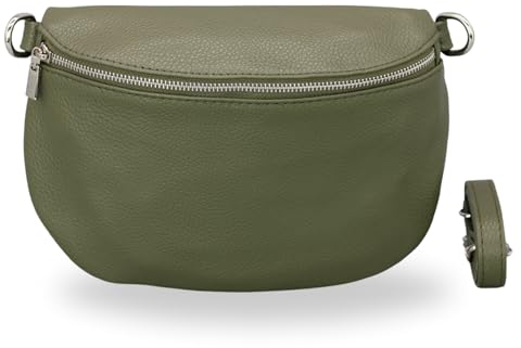 BRISE Bauchtasche Damen Echtleder AFIA Silber Handgemachte Umhängetasche Crossbody Bag mit Ledergurt 3 Fächer Hüfttasche Gürteltasche Made in Italy (Khaki-Silber 1)