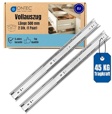 ONTEC Schubladenschienen Vollauszug 500mm 2 Stück - Schubladenauszug Extra Stabil Schubladen Schienensystem 45kg Traglast Auszugschienen Schubladenführungen - Leichte Montage
