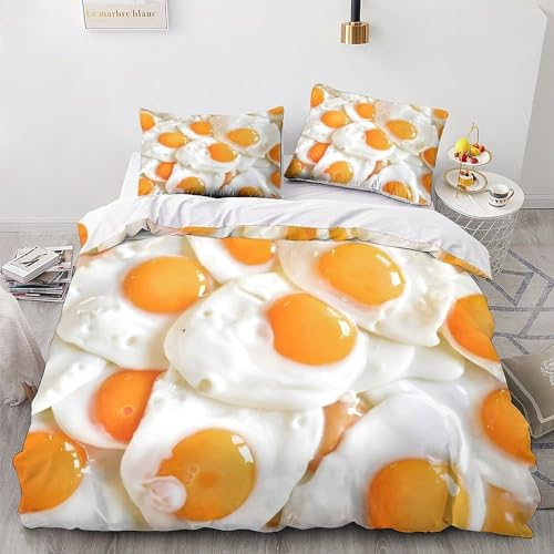 Bettwäsche 135x200 Pochierte Eier 3D Muster Essen Omelette Bettwäsche-Sets 3 Teilig Weiche Microfaser Bettbezug Set mit Reißverschluss und 2 Kissenbezug 80x80 cm G592