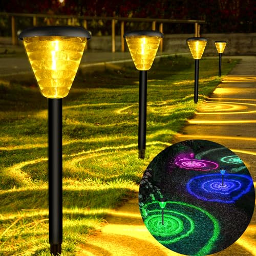 Moman Solarlampen für Außen Garten, 4 Stück Gartenlampen für Draußen Warm Weiß & RGB IP65 Wasserdicht Solarlampen mit Kreisring-Effekt für Rasen Wege, Solarlampe-Außen-Gartenlampe-Bunt-Wegeleuchten