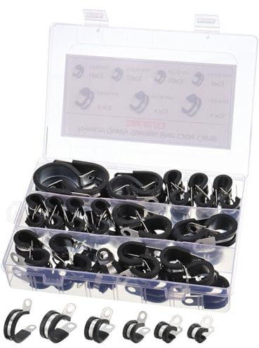 sourcing map 60pcs Cable Clamps Assortment Kit, Stainless Steel Rubber Cushioned Insulated Clamp Assorted in 7 Sizes 1/4,5/16,3/8,1/2,5/8,3/4,1