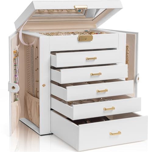 AKOZLIN Large 6-Tier Jewelry Box Lockable Leather Jewelry Storage Case with 5 Drawers for Women Girls Ring Necklace Earring Bracelet Holder Organizer with Mirror