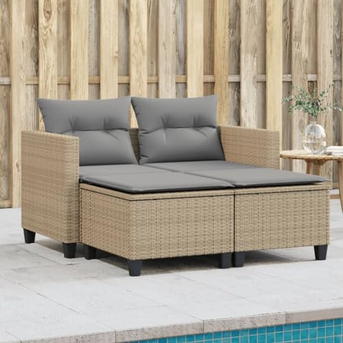 KOIECETA Gartensofa 2-Sitzer mit Hockern Outdoor Sofa Gartenmöbel Garten Lounge Set Terrasse Terrassenmöbel Zweisitzer Beige Poly Rattan
