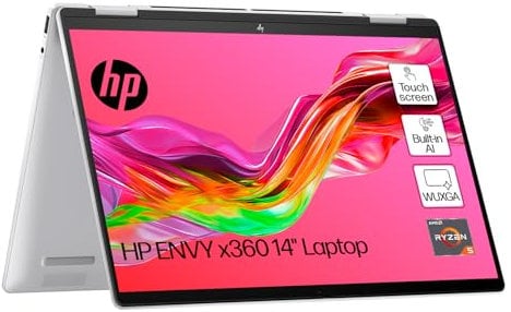 HP Envy x360 14 2in1 Laptop | AMD Ryzen 5 8640HS Processor | Built-In AI | 16GB RAM | 512 GB SSD | AMD Radeon Graphics | WUXGA IPS Touchscreen | Up to 14hrs 45 battery | Win 11 | Silver | 14-fa0002sa