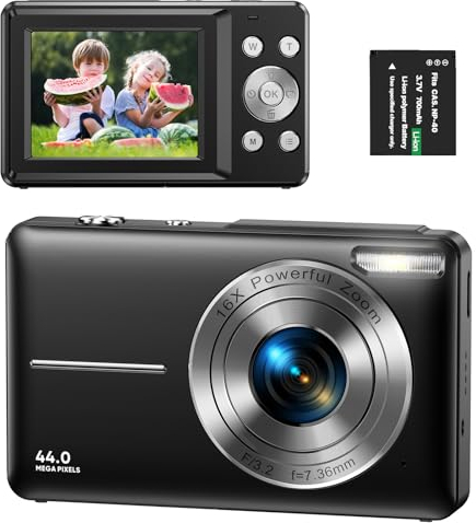 Macchina Fotografica Digitale 1080P FHD 44MP Fotocamera Digitale Compatta con Zoom Digitale 16X per Bambini, Ragazzi, Ragazze, Principianti(Nero)