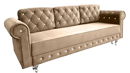 Meble Ares Moderne Sofa Felix - Elegante Sofa mit Schlaffunktion und Bettkasten - Praktische Schlafsofa Ausziehbar zum Wohnzimmer - Komfortabel Couch l Form - Siberne Beine, Samt Beige