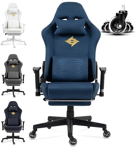 Dowinx Gaming Stuhl, Bürostuhl mit Seidig Glatte Große Räder, Massage Gaming Chair mit Luxuriöser Wildleder-Stoff, 90-165°, Schreibtischstuhl, 150 KG, Blau