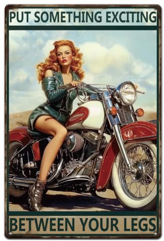 SUPERDANT Motorcycle Metal Signs Pinup Lady Tin Sign Riding Wall Plaques Put Something Wxciting Wall Art Vintage Decor for Man Cave Garages Home Bedroom Retro Decor