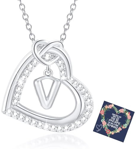 Esmoly Kette Damen Silber Necklace Women Zirkonia Herz Anhänger Kette mit Buchstaben A-Z Halskette Damen mit Kasten Geschenke für Frauen Freundin 17.2+2 Inches (Silber V)