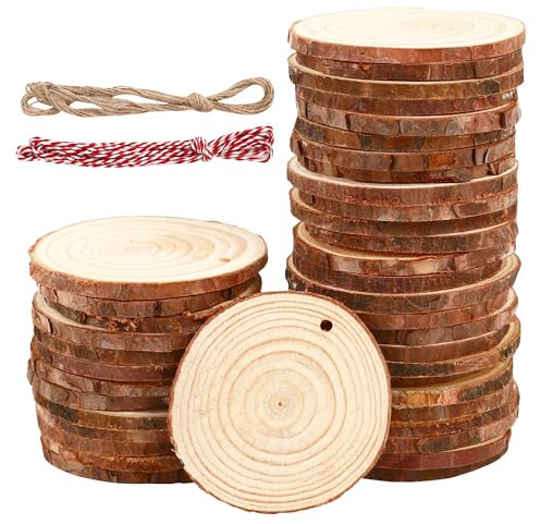 40 Stück Holzscheiben 7-8 cm,Rund Holzscheiben zum Basteln mit zwei Baumwollschnüren,Holzscheibe aus Holz mit Löchern,Baumscheiben Unvollendete,für Heimwerken,Basteln,Hochzeiten,Feiertagsdekorationen