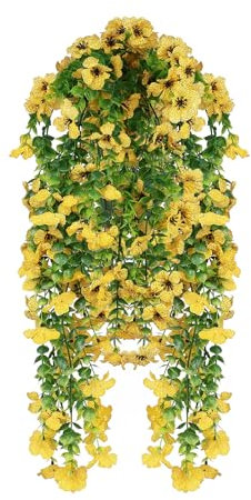 Leixi 2Pcs Artificial Hanging Flowers, UV-Resistant Fake Hanging Plants Flower Bouquet for Wall Home Room Garden Yard Patio Wedding Indoor Outdoor Decoration (Yellow)