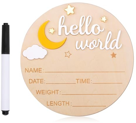 Hölzernes Hallo Welt Schild für Neugeborene, Süßes Geburtsanzeigeschild Willkommensschild für Neugeborene Namensschild für Mädchen und Jungen Babyparty Foto Requisiten (Weiß)