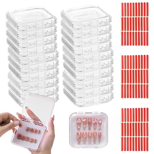 MZSX 20 piezas de prensa en la caja de almacenamiento de uñas (7.5×7.5CM), 90pcs mejorada cinta de doble cara, claro consejos de uñas Mostrar Caja de Almacenamiento Set