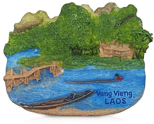 Exquisite 3D Fridge Magnet – Vang Vieng’s Iconic River Scene with Fishing Boat, Wooden Bridge & Traditional Lao House (Vang Vieng)