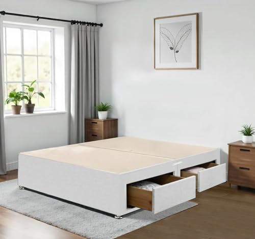 Stylish White Chenille 4FT6 Divan Bed Base with 2 Storage Drawers – Elegant 4FT6 Double Bed Base for Divan Bed – Strong, Comfy & Budget-Friendly