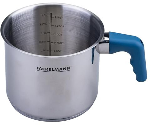 Fackelmann Milchtopf Essential Ø 14 cm aus Edelstahl mit ergonomischem Bakelit-Griff und praktischer Literskala – Ideal für alle Herdarten, Blau