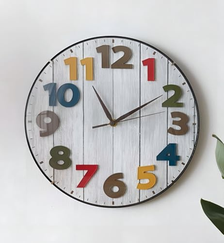 Dekoleidenschaft Wanduhr Bunt Ø 30 cm groß, in Holz Optik grau, Moderne Uhr für Wohnzimmer & Küche, Wohnzimmeruhr