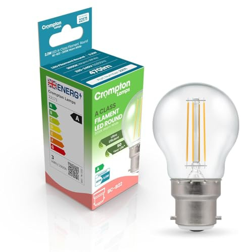Crompton Lamps LED Ultra-Efficient Golfball 2.2W BC-B22d A-Class (40W Equivalent) 3000K Warm White Clear 470lm BC Bayonet B22 A-Rated Light Bulb