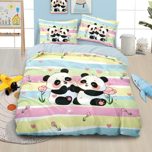 ZKTCYC Housse de Couette Enfant Panda de Dessin Animé Fleur Housse de Couette 240 x 260 Enfant Garçon Fille Adulte Bleu Vert Rose Bande Parure de Lit en Microfibre avec Fermeture éClair
