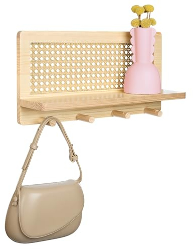 Percheros Pared - Perchero Pared Madera con Estante Recibidor - Pino Natural y Ratán, 40cm - 4 Ganchos Resistentes | Estilo Cálido y Artesanal | Soporta 12 kg | Incluye Tornillos y Mini Destornillador