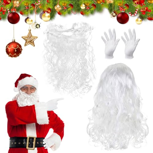 3 Stück Weihnachtsmann Kostümzubehör, Weihnachtsmann Perücke und Bart Set mit Handschuhe, Weihnachtsmann Kostümzubehör, Nikolausbart Set Weiß Santa Claus Bart , zum Verkleiden als Nikolaus