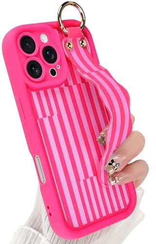 Jefonha Cute for iPhone 16 Pro Max Case with Strap Stand, Hot Pink Stripes
