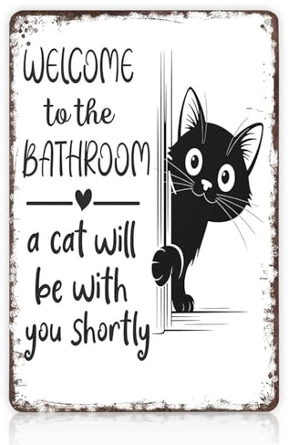 Katze Metallschild Badezimmer, Welcome To The Bathroom, Lustiges Metall-Blechschild, Wandschild mit Katzen-Motiv, Badezimmer Bilder mit Katzen-Design, 30×20×0.5cm