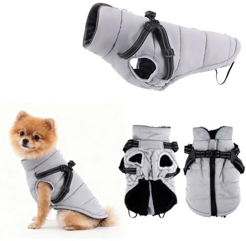 Hundemantel Winter mit Geschirr Einstellbar, ZoneYan Wasserdicht & Warm Hundemantel für Kleine Hunde, Reflektierende Winterjacke, Winddicht Weste für Hund(Grau, S)