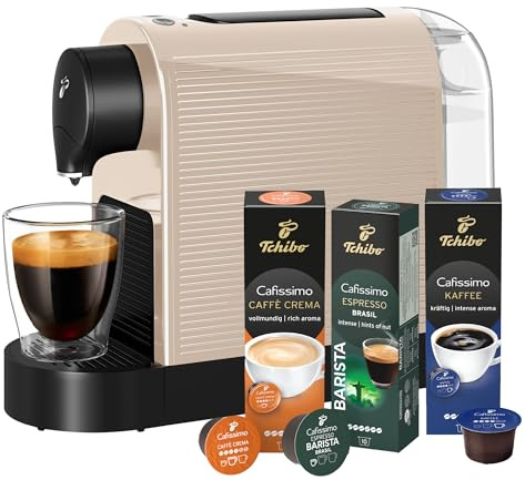 Tchibo Cafissimo „Pure plus“ Kaffeemaschine Kapselmaschine inkl. 30 Kapseln für Caffè Crema, Espresso und Kaffee | 0,8l | 1250 Watt | 11,9 x 33,7 x 24 cm | Almond Beige