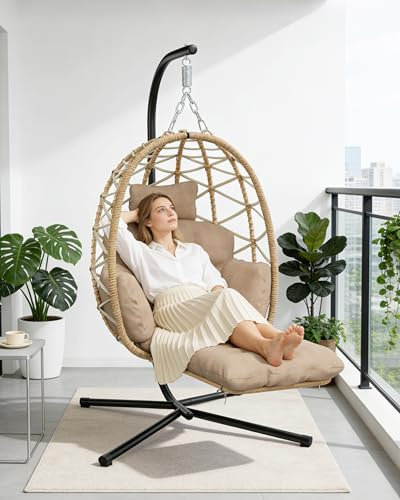 houcheyai Hängesessel mit Gestell Fußstütze, Hängekorb Sessel, Hängestuhl Rattan Outdoor und Indoor, Egg Chair Schaukelstuhl mit Kissen + Rückenkissen für Wohnzimmer, Schlafzimmer, Balkon, bis 150kg