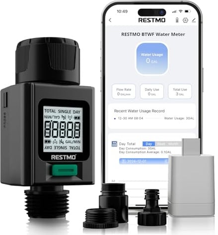 RESTMO Intelligenter Wasserzähler mit Bildschirmbeleuchtung, Messung Gallone/Liter Verbrauch & Durchflussrate, ideal für Gartenbewässerung Sprinkler & Gartenbrause, Bluetooth & WiFi Control, Schwarz