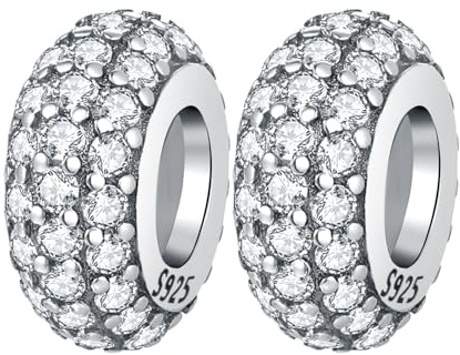 PANPOKI Spacer Beads/Stopper Perles pour bracelets et colliers en argent sterling 925 | Zircon lisse et pavé (blanc, bleu, plaqué or 18 carats) | Breloques séparateurs antidérapantes
