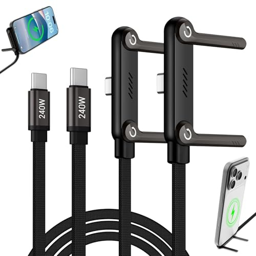 Coolden 1.5M USB C Ladekabel Schnellladekabel mit Unsichtbarer Halterung 2 Stück 240W USB C auf USB C Kabel mit 360° Verstellbarer Metall Ständer Typ-C Ladekabel für iPhone 17 16 15, Galaxy 26 25 24