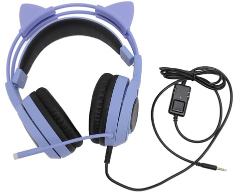 CHEOTIME Gaming Headset with Mic, 3.5mm Plug Stereo Noise Reduction Detachable Cute Cat Ears Over Ear Headphone for Girls for PC Phone (Purple)