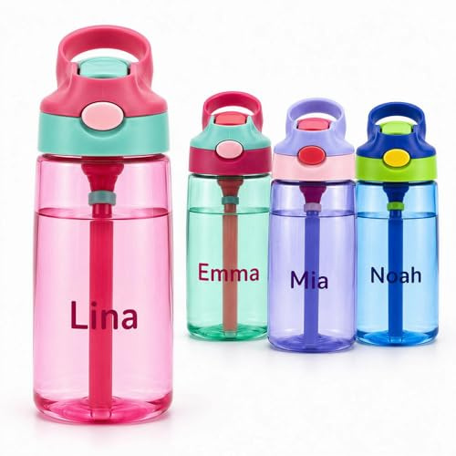 loongway Personalisierte Trinkflasche Kinder mit Namen - Wasserflasche Kinder 480ml - Trinkflasche BPA Frei mit Strohhalm - Geeignet für Schule Sport und Outdoor-Aktivitäten