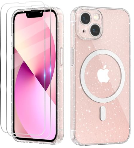 Tikgue Magnetisch Handyhülle für iPhone 13 Hülle mit 2 Stück Display Schutzfolie [Kompatibel mit Magsafe] Glitzer Transparent Silikon Schutzhülle Slim Weich Kameraschutz Case - Clear