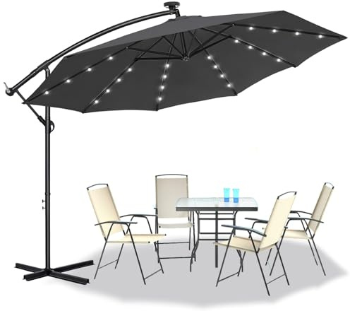 ACXIN Ampelschirm 350cm Sonnenschirm mit LED Solar 32 LEDs Gartenschirm Groß UV Schutz 40+ Balkon Terrasse Aluminium Sonnenschutz Kurbel Schirm Outdoor Garten Dunkelgrau