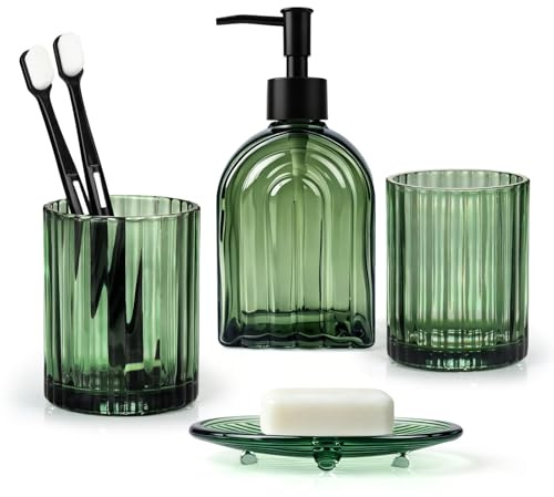 Badezimmer Set of 4 – 400ml Seifenspender, 2 Zahnputzbechern & Seifenschale | Grün Bad Zubehör Set, Badezimmer Organizer für Zahnbürsten&Wattestäbchen, Regenbogen-Muster, Edle Badezimmer Deko