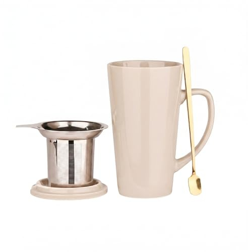 LOAMCRAF 15 Ounce Porcelain Tea Mug with Infuser, Lid and Spoon, Loose Leaf Tea Cup (Grey)