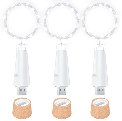 Ceepko USB Bottle Lights Rechargeable Wine Bottle Fairy Lights Cork LED String Lights 20 LEDs Copper Wire for Table Party DIY Decor(Cool White, 3 Pack)