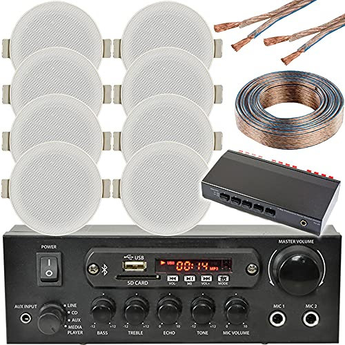 Bluetooth Ceiling Music Kit 4 Zone Stereo Amp & 8x Low Profile HiFi Speaker