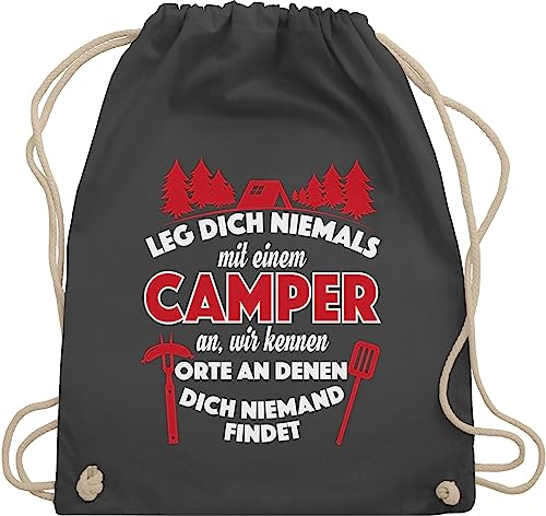 Turnbeutel Rucksack - Hobby Outfit - Leg dich niemals mit einem Camper an - Unisize - Dunkelgrau - sportbeutel+spruch sprüche campen beutel beutel+rucksack+mit+sprüchen spruch camping rucksäcke
