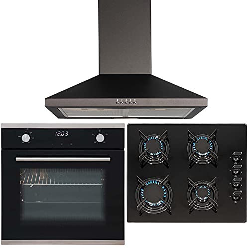 SIA 60cm Black Touch Control Single Fan Oven, 4 Burner Gas Hob & Cooker Hood Fan