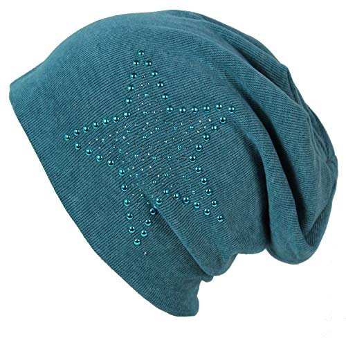 Gloop klassische Jersey Baumwolle elastisches Long Slouch Beanie Unisex Herren Damen Mütze mit Stern Strass - Nieten Applikation 17168-P