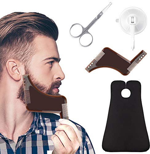 EMAGEREN Bartpflege Set Bartschürze mit Bart Schablone Schere für Rasur Trimmer Bartgestaltung Bart Lätzchen Sammeltuch mit Saugnapf für Symmetrischer Bart Kontur Bartlinie formen Geschenk für Männer