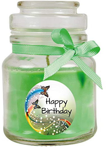 HS Candle Geburtstagskerze mit Duft im Bonbonglas Happy Birthday, Duft: Kokos (Grün), 120g - Brennd. bis zu 30 Stunden, Kerze aus Glas mit Duft