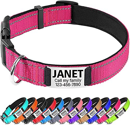 TagME Personalised Dog Collar Reflective Padded Collar for Large and Extra Large Dogs with Custom Engraved Slide On Name Plate,Bright Pink L