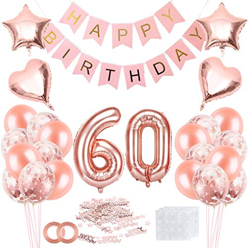 60 Jahre Geburtstag Frau Rosegold - Luftballon, Happy Birthday Banner, Konfetti - Geburtstagsdeko Set