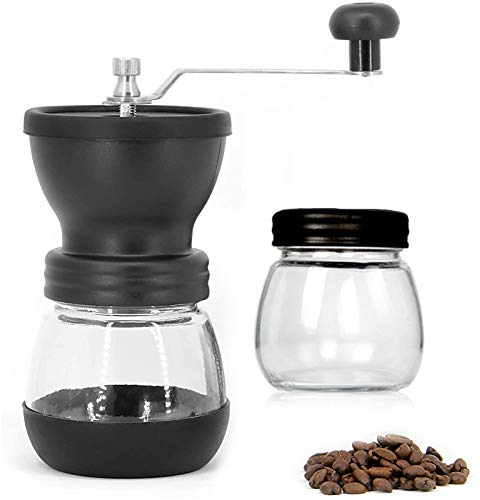 Manual Coffee Bean Grinder, Adjustable Coarseness Ceramic Mill, Hand Held Coffee Mill, with Two Glass Jars Compact Crank for Home, Office & Travelling