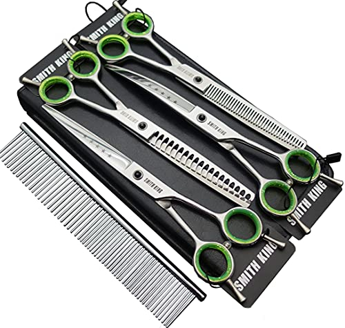 Professionelles Fellscheren-Set für Hunde, gerade, Effilierschere, gebogen, Chunker und Kamm, 17,8 cm, 5 Stück in 1 Set